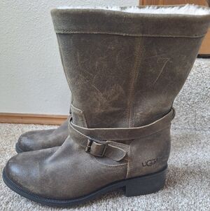 UGG Glendale Fleece Lined Moto Boots Olive/Gray Suede Womens Size 8